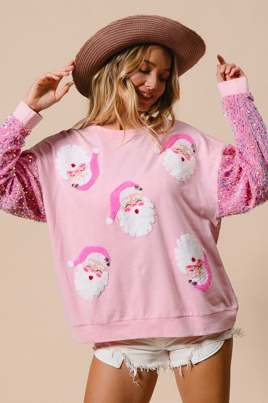 Velvet Sequin Sleeve Santa Christmas Top Pink