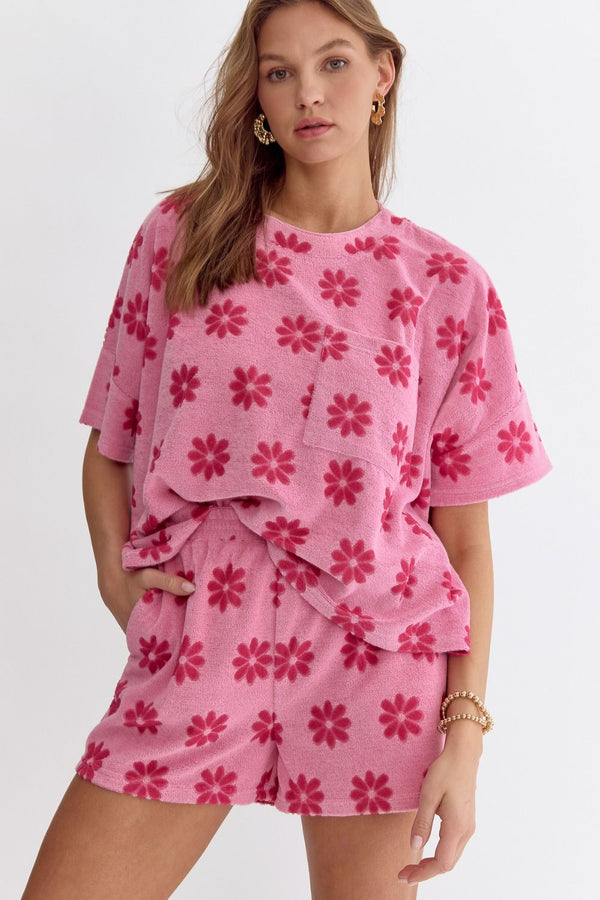 Floral Print Terry Cloth Front Pocket Top Pink