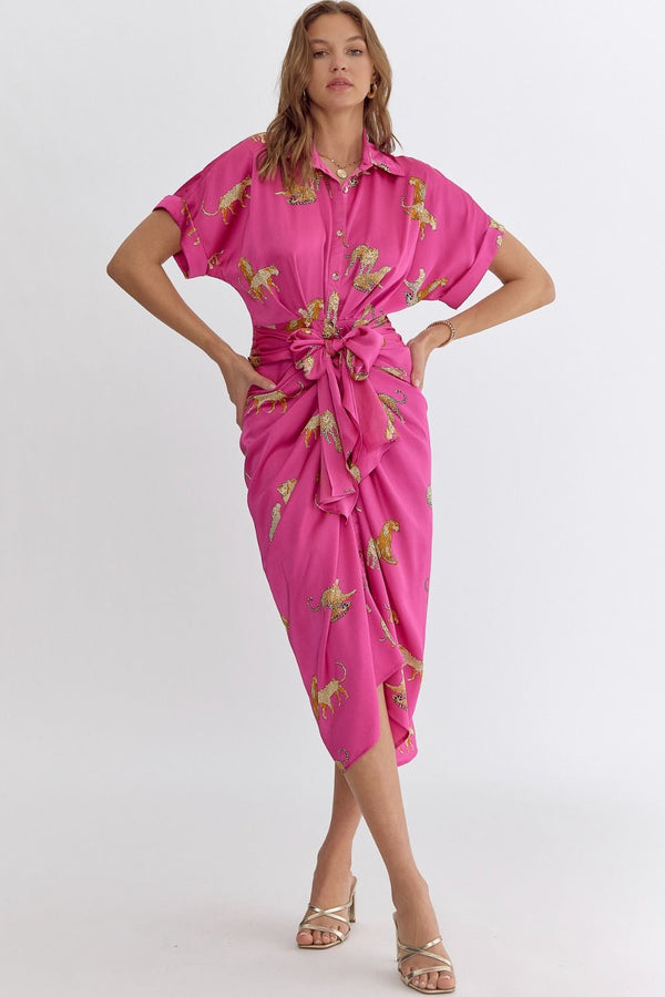 Cheetah Print Collared Button Up Midi Dress Hot Pink