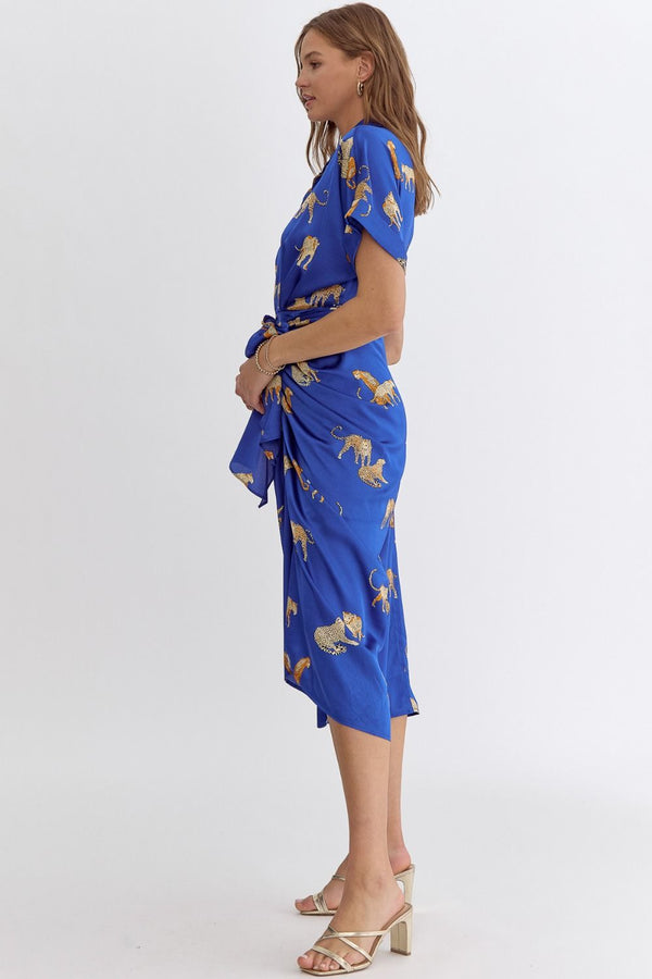 Cheetah Print Collared Button Up Midi Dress Royal Blue