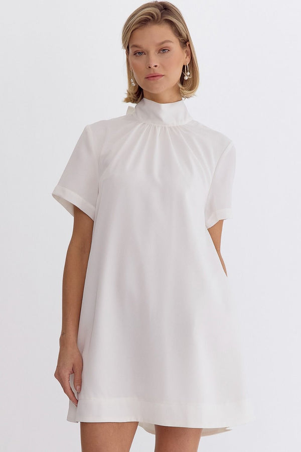 Mock Neck Self Tie Mini Dress Off White