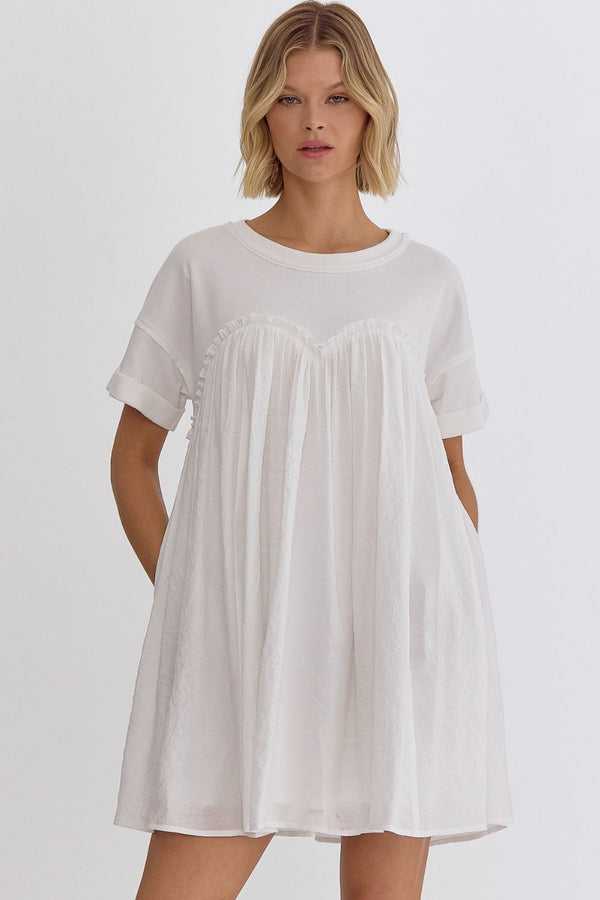 Round Neck Pleated Mini Dress Off White