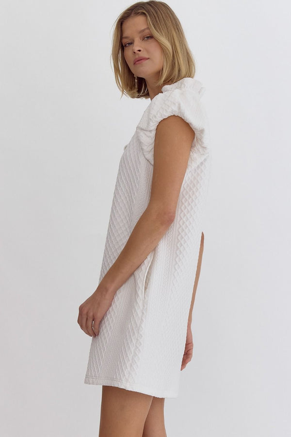 Textured V-Neck Mini Dress Off White