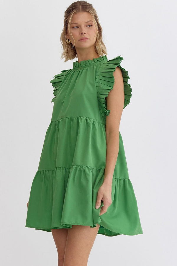 High Neck Pleated Sleeve Mini Dress Green