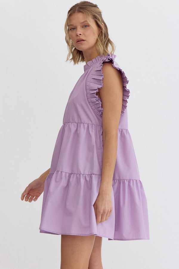 High Neck Pleated Sleeve Mini Dress Lavender