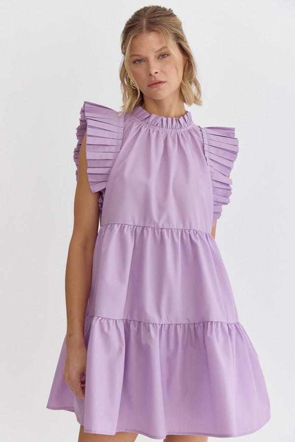 High Neck Pleated Sleeve Mini Dress Lavender