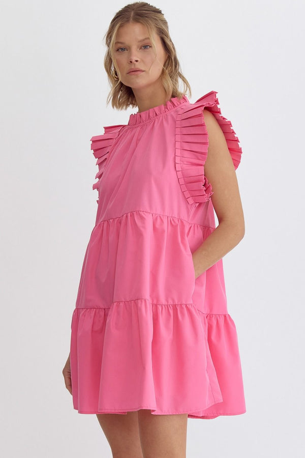 High Neck Pleated Sleeve Mini Dress Pink