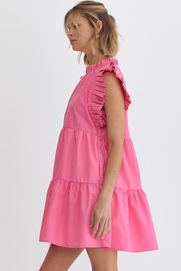 High Neck Pleated Sleeve Mini Dress Pink
