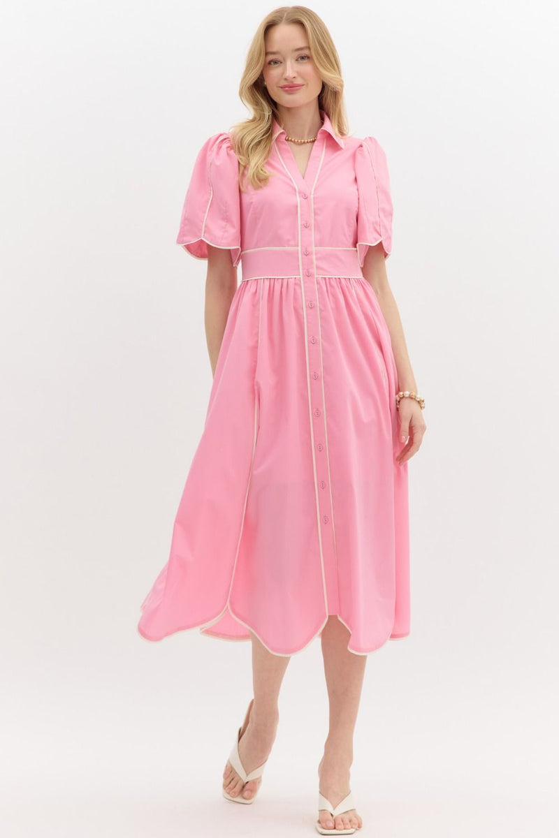 Solid Elbow Length Sleeve Midi Dress Pink