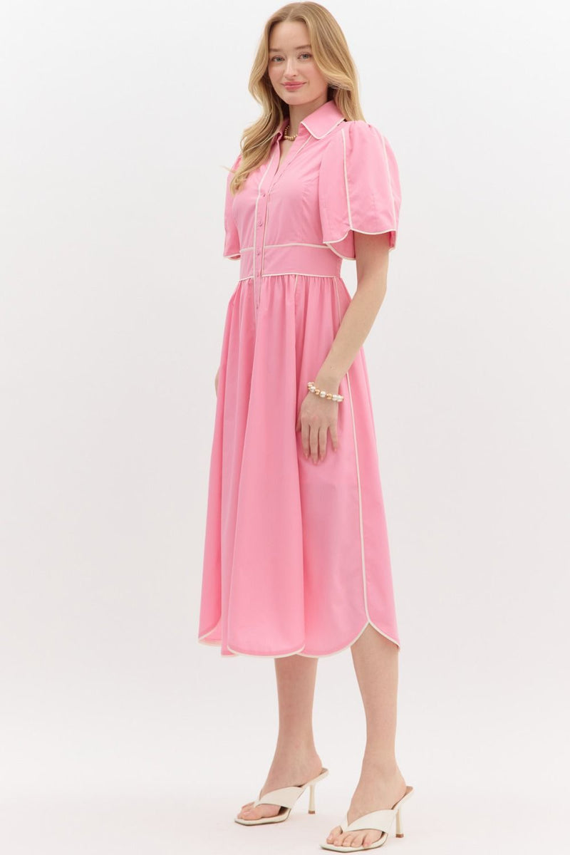 Solid Elbow Length Sleeve Midi Dress Pink