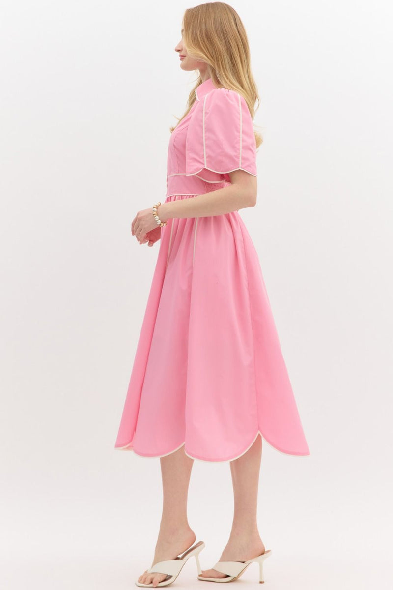 Solid Elbow Length Sleeve Midi Dress Pink
