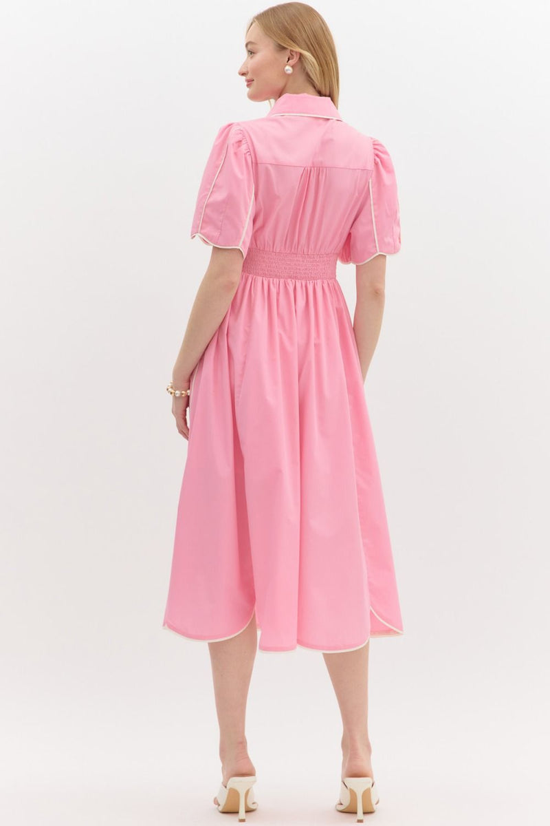 Solid Elbow Length Sleeve Midi Dress Pink