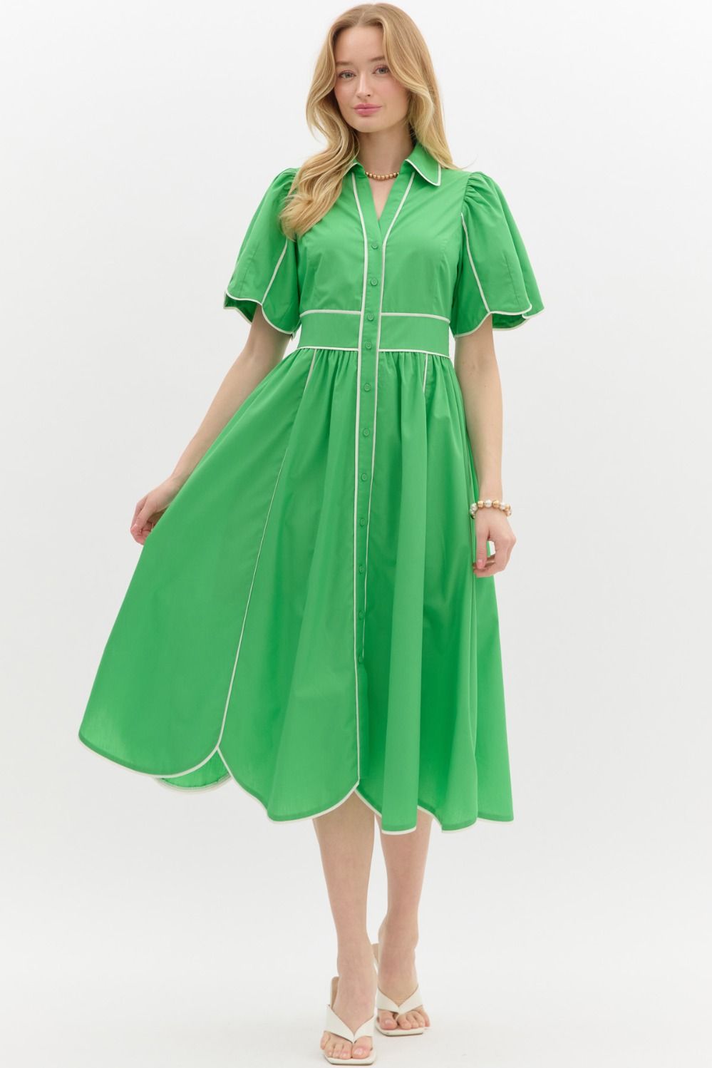 midi dress elbow sleeve Solid Elbow Length Sleeve Midi Dress Green
