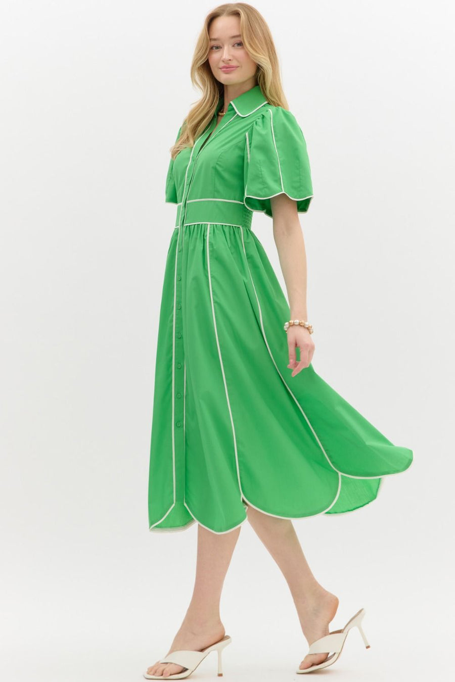 midi dress with elbow length sleeves Solid Elbow Length Sleeve Midi Dress Green