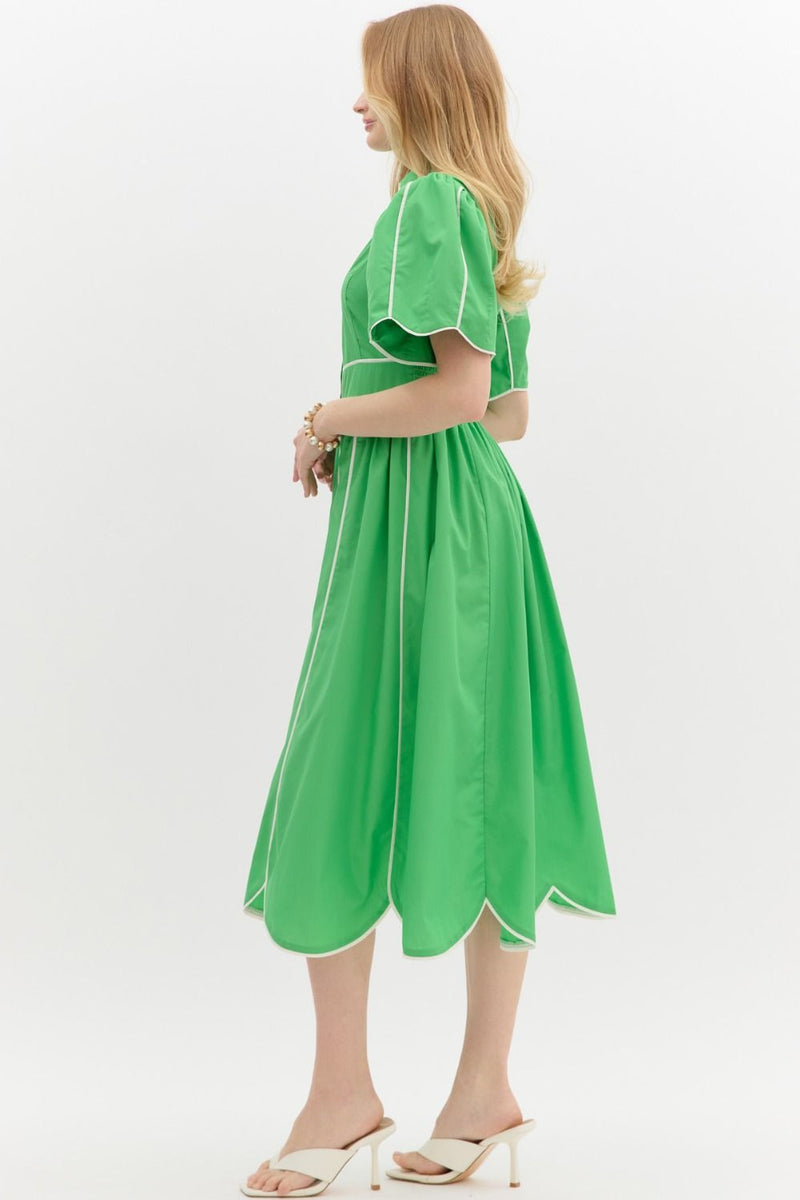 Solid Elbow Length Sleeve Midi Dress Green