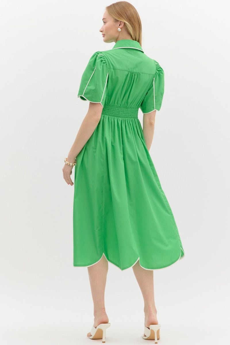 Solid Elbow Length Sleeve Midi Dress Green