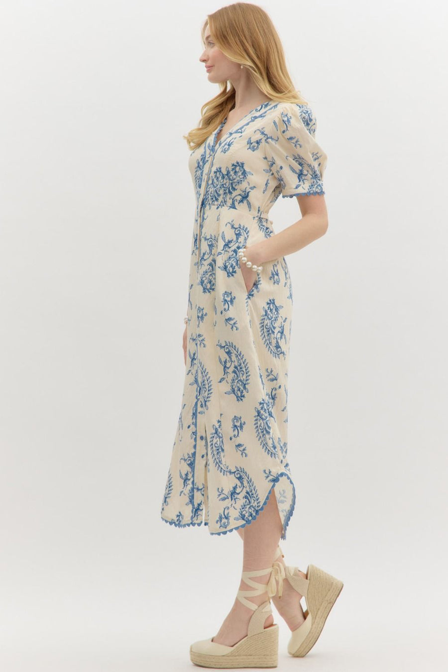 Paisley Print Pleated Midi Dress Blue