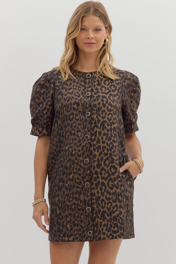 Leopard Pattern Pleated Mini Dress Brown