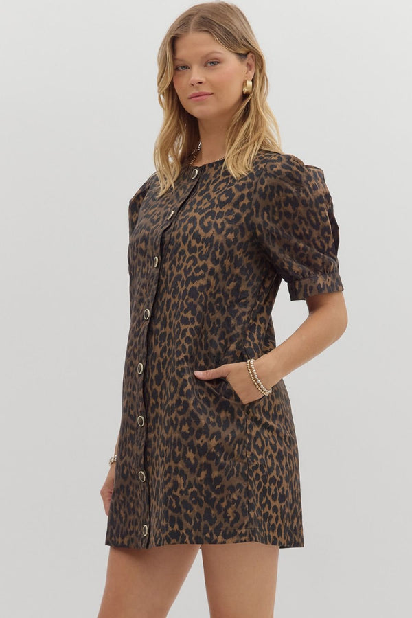 Leopard Pattern Pleated Mini Dress Brown