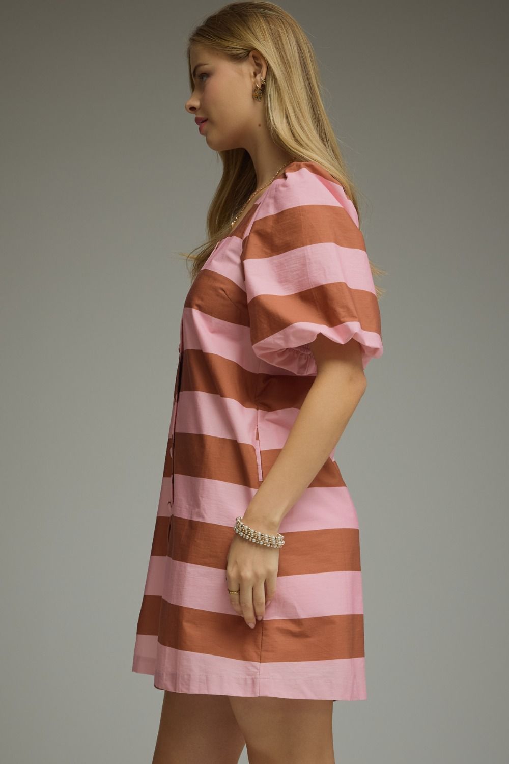 Stripe Button Down Mini Dress Camel Pink