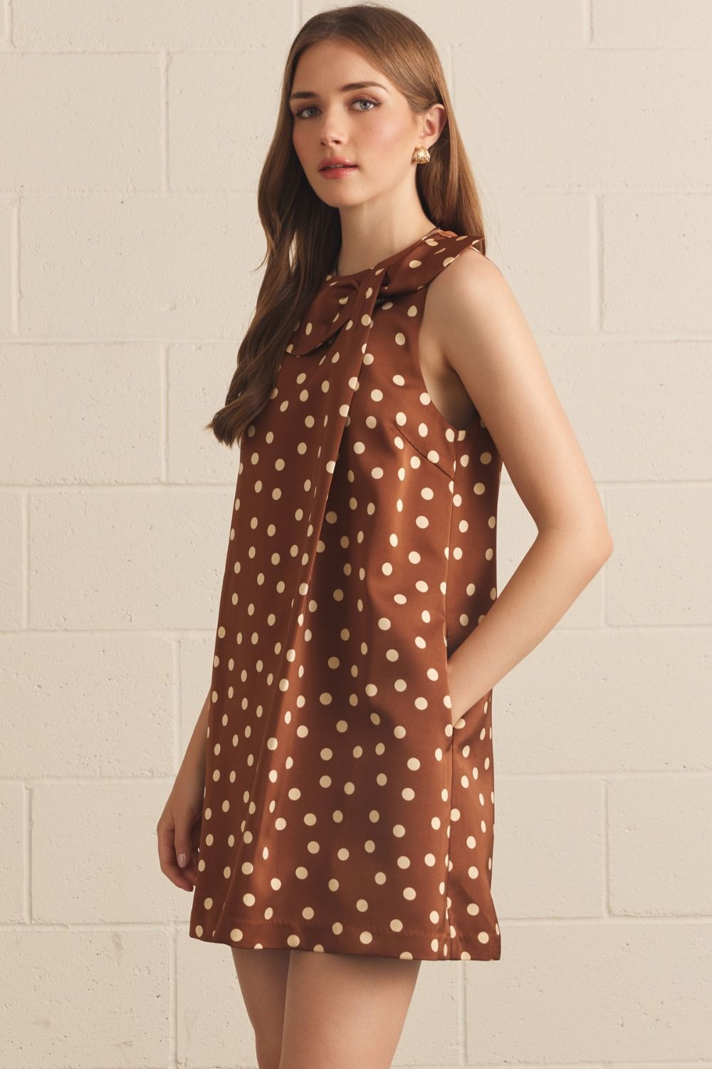 Polka Dot Sleeveless Mini Dress w/ Ribbon Brown