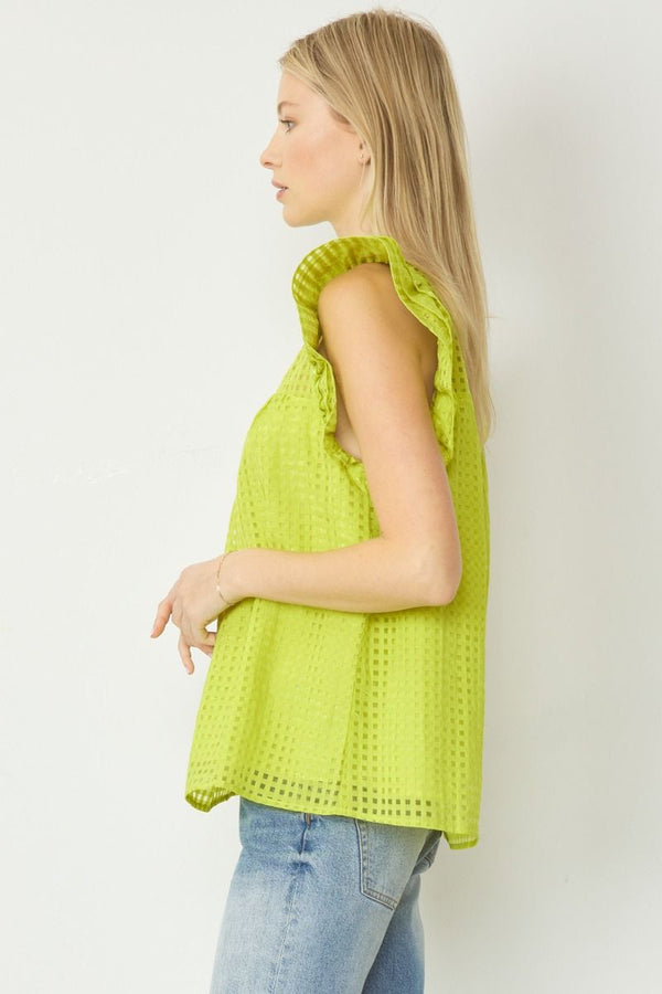 Sheer Grid Print Sleeveless Top Chartreuse