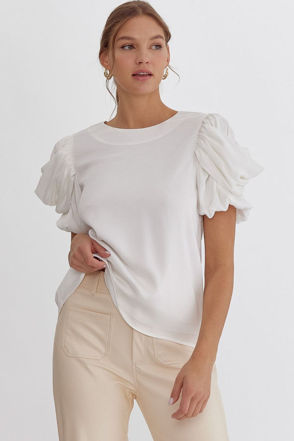 Satin Ruched Short Sleeve Top Off White