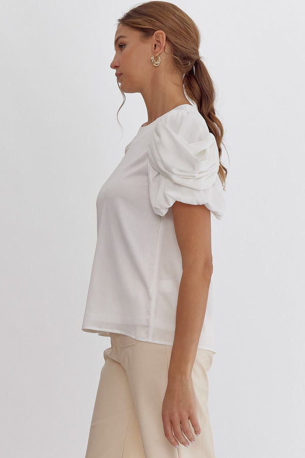 Satin Ruched Short Sleeve Top Off White