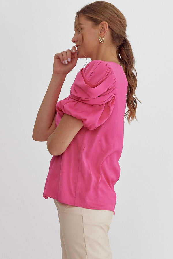 Satin Ruched Short Sleeve Top Pink