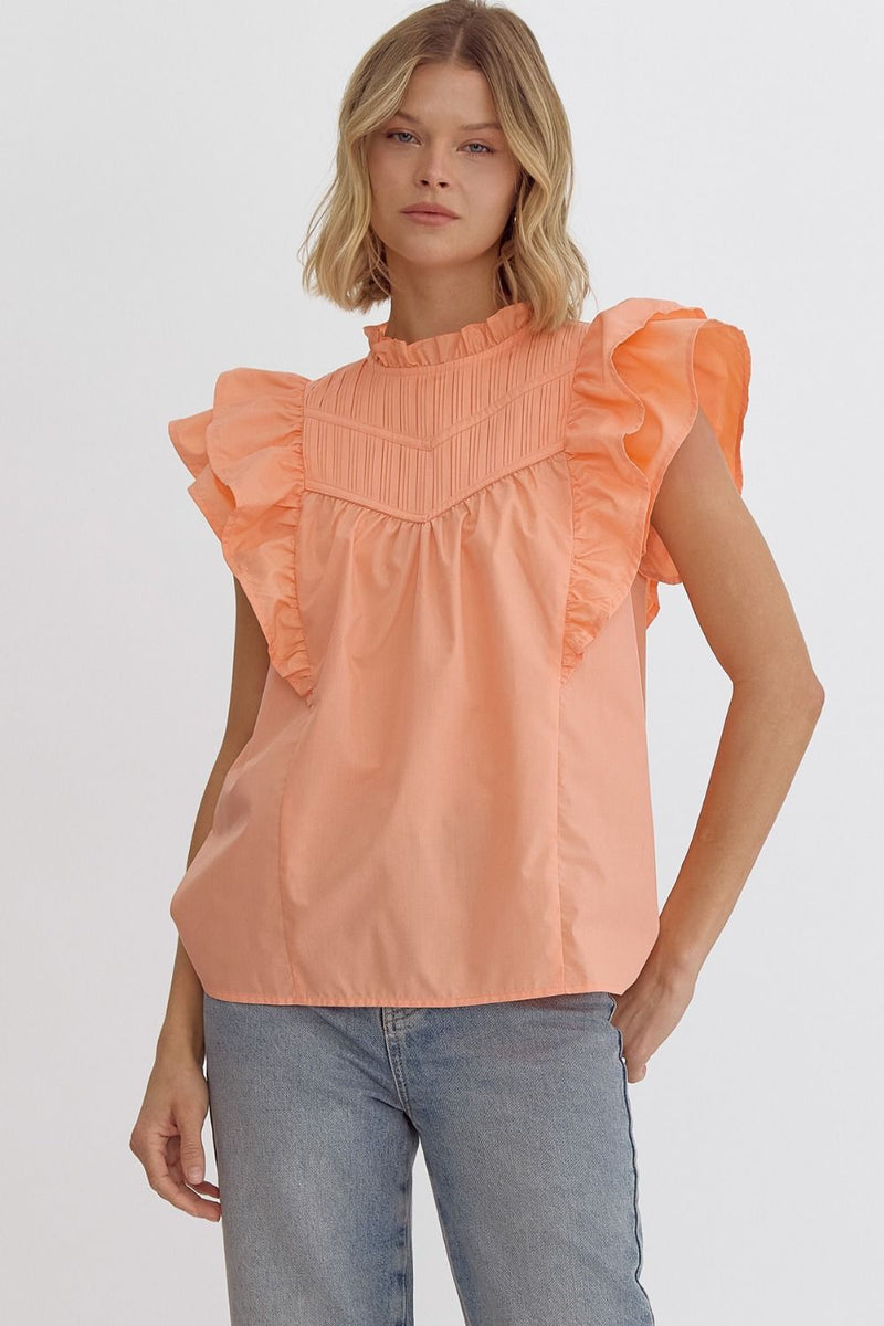 Ruffled Mock Neck Top With Pleat Detail Apricot