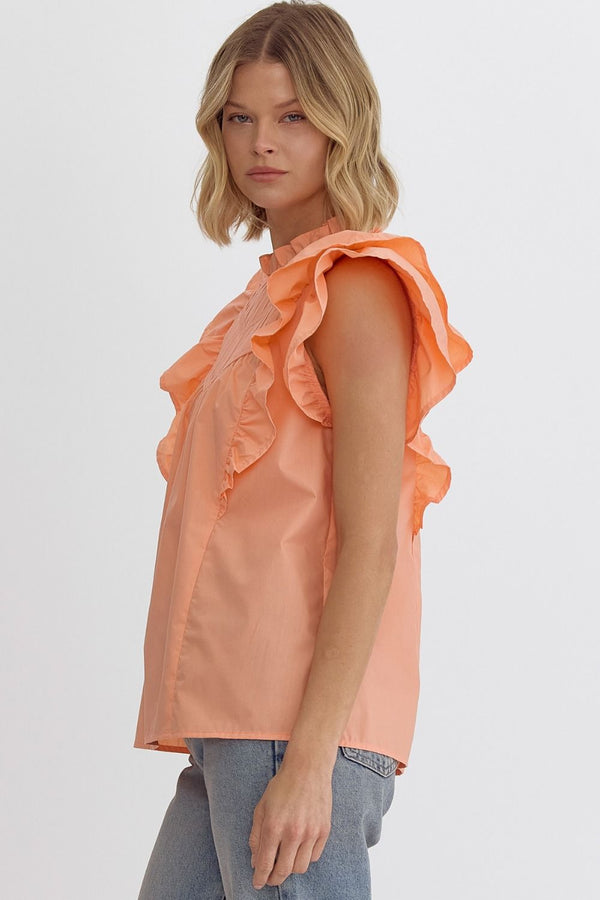 Ruffled Mock Neck Top With Pleat Detail Apricot
