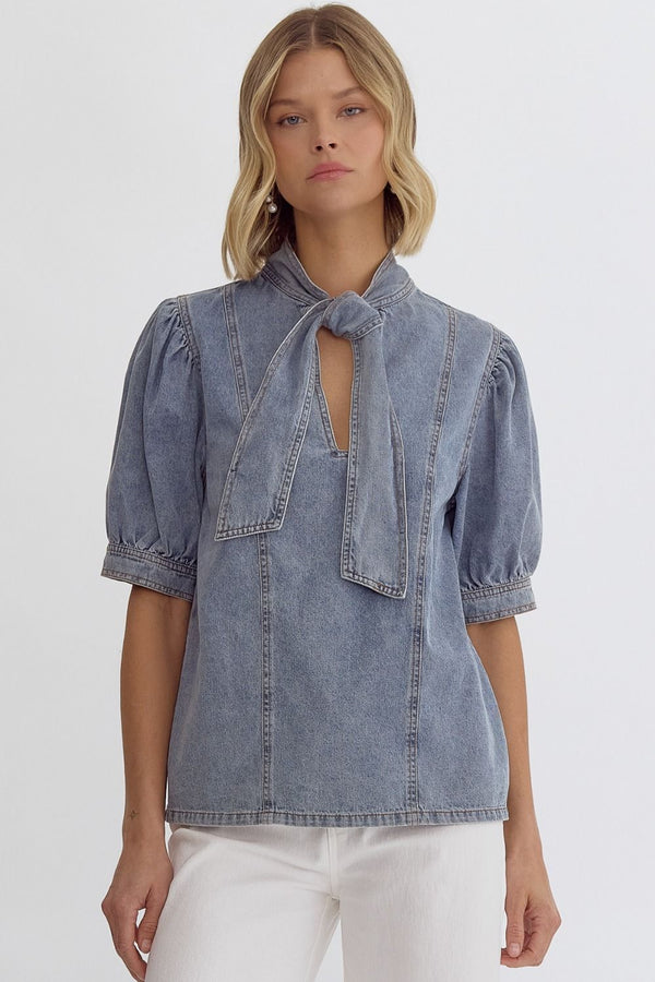 Denim Mock Neck Short Sleeve Top Lt Denim