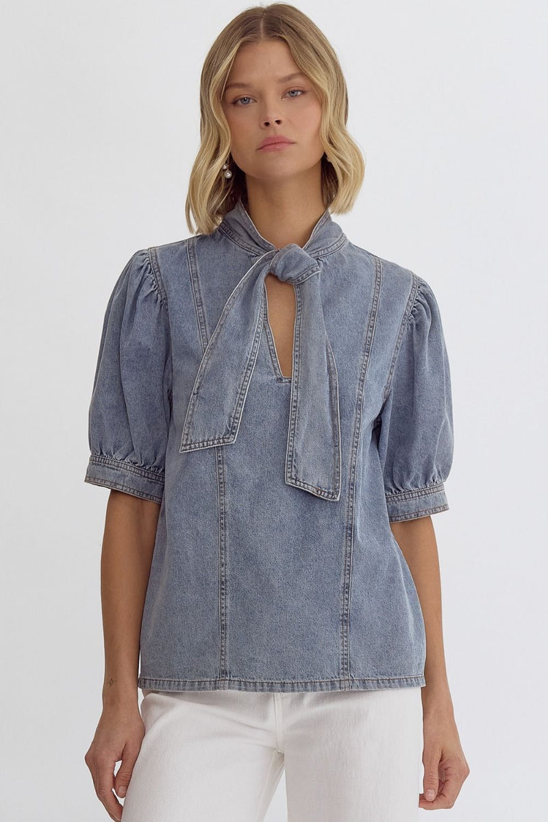 Denim Mock Neck Short Sleeve Top Lt Denim