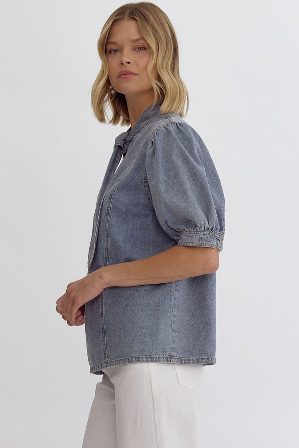 Denim Mock Neck Short Sleeve Top Lt Denim