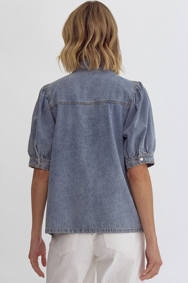 Denim Mock Neck Short Sleeve Top Lt Denim