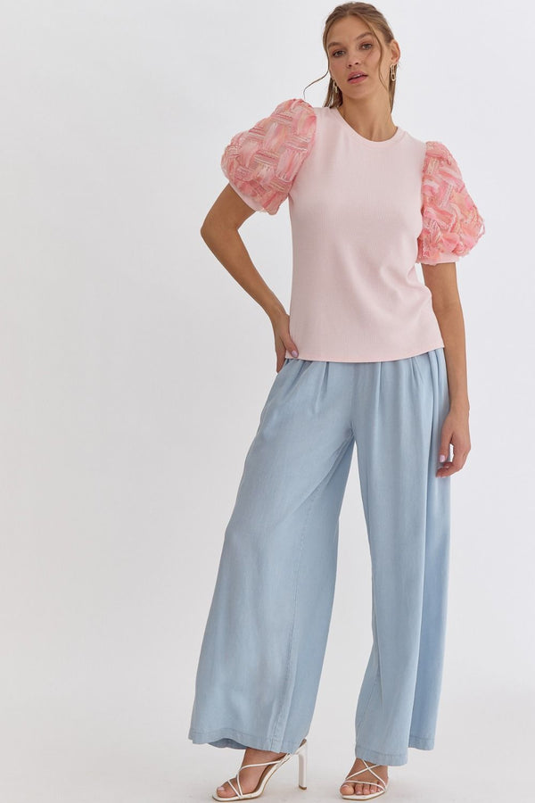 Ribbed Knit Short Sleeve Top Light Pink