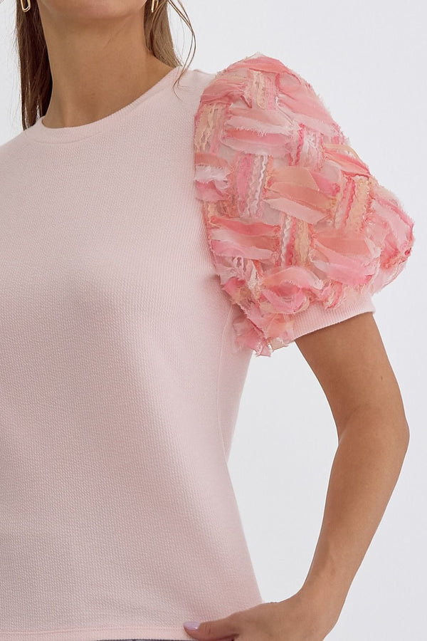 Ribbed Knit Short Sleeve Top Light Pink
