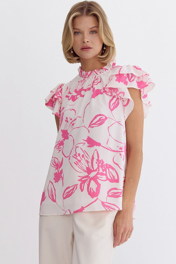 Floral Print Ruffle Detail Mock Neck Sleeveless Top Pink