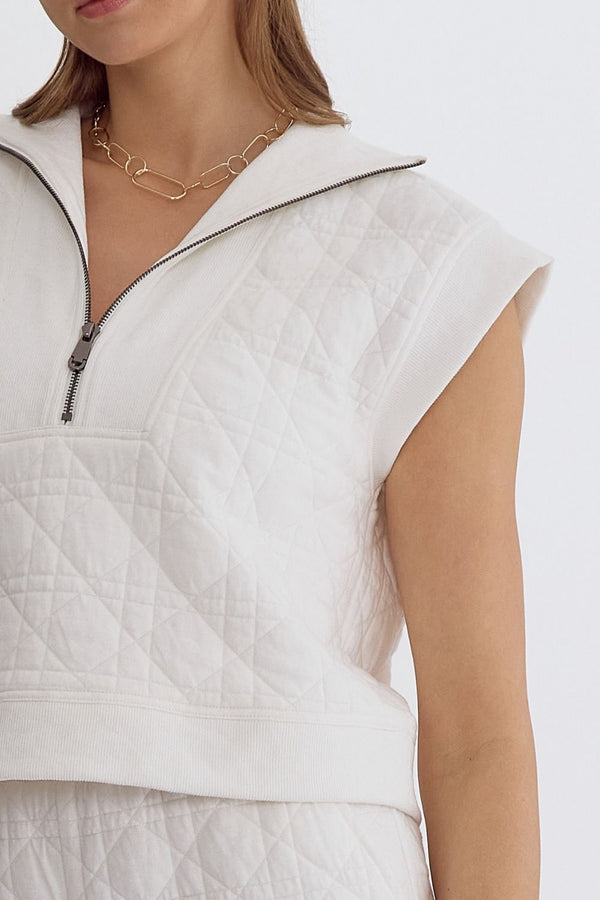 Textured Half-Zip Lightweight Sweater Top Off White