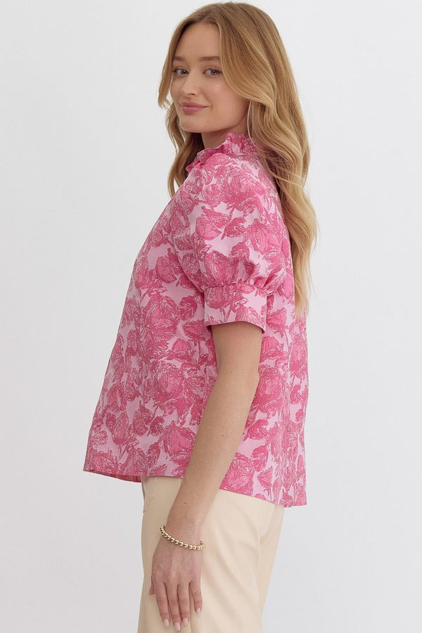 Floral High Neck Puff Sleeve Top Pink