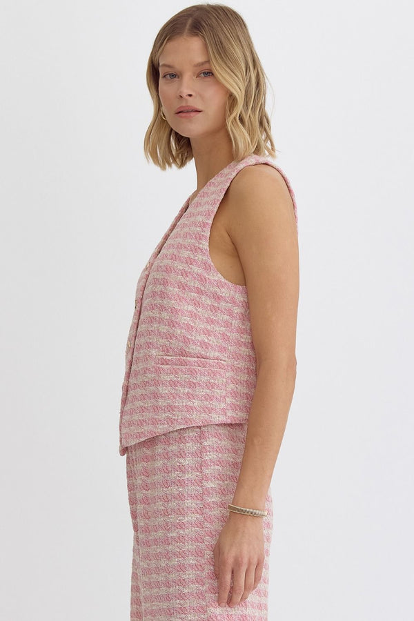Tweed V-Neck Cropped Sleeveless Vest Top Pink