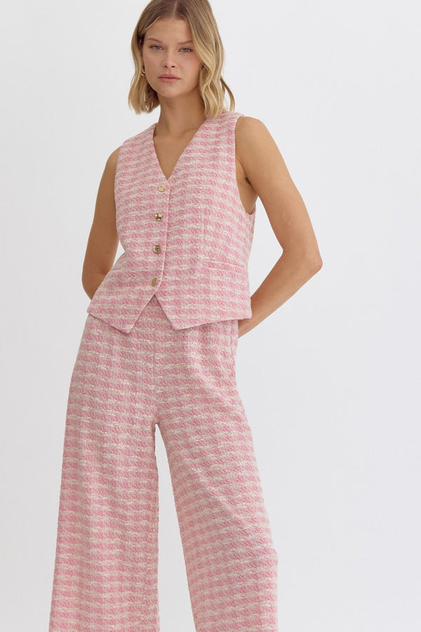 Tweed V-Neck Cropped Sleeveless Vest Top Pink