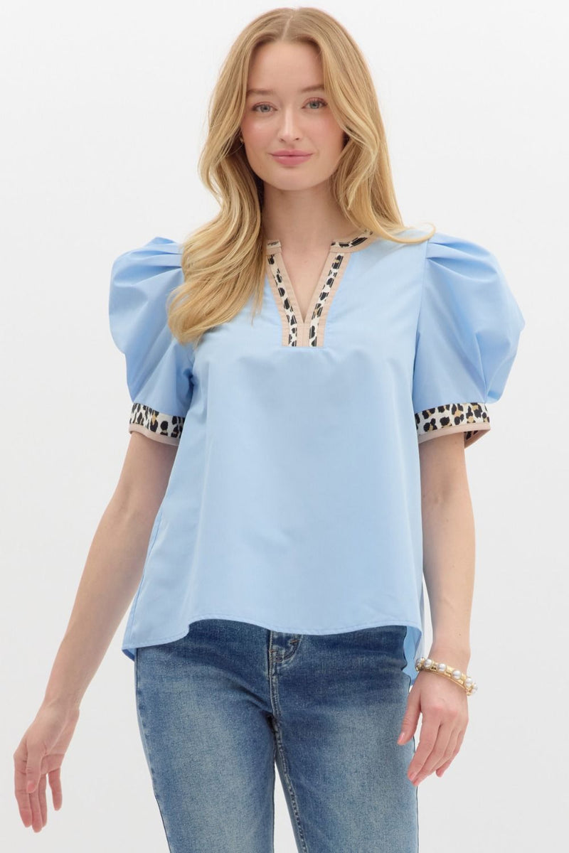 Leopard Band Pleated Sleeve Top Light Blue