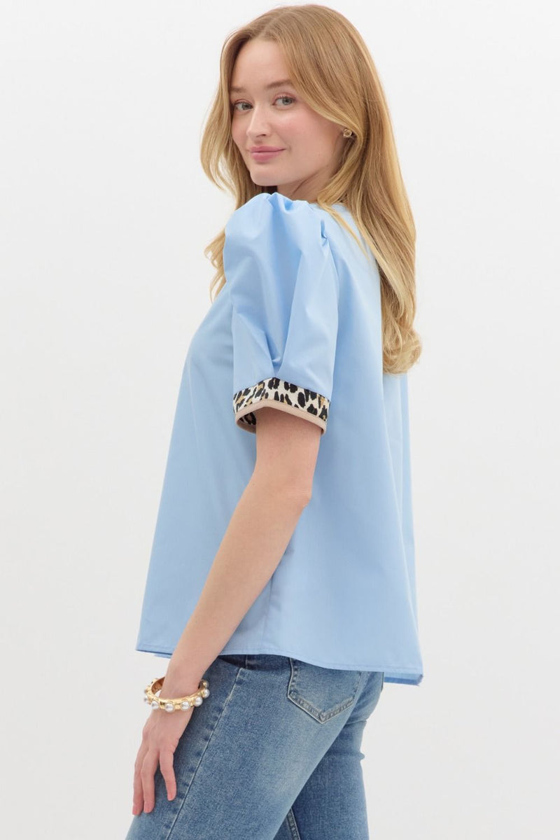 Leopard Band Pleated Sleeve Top Light Blue