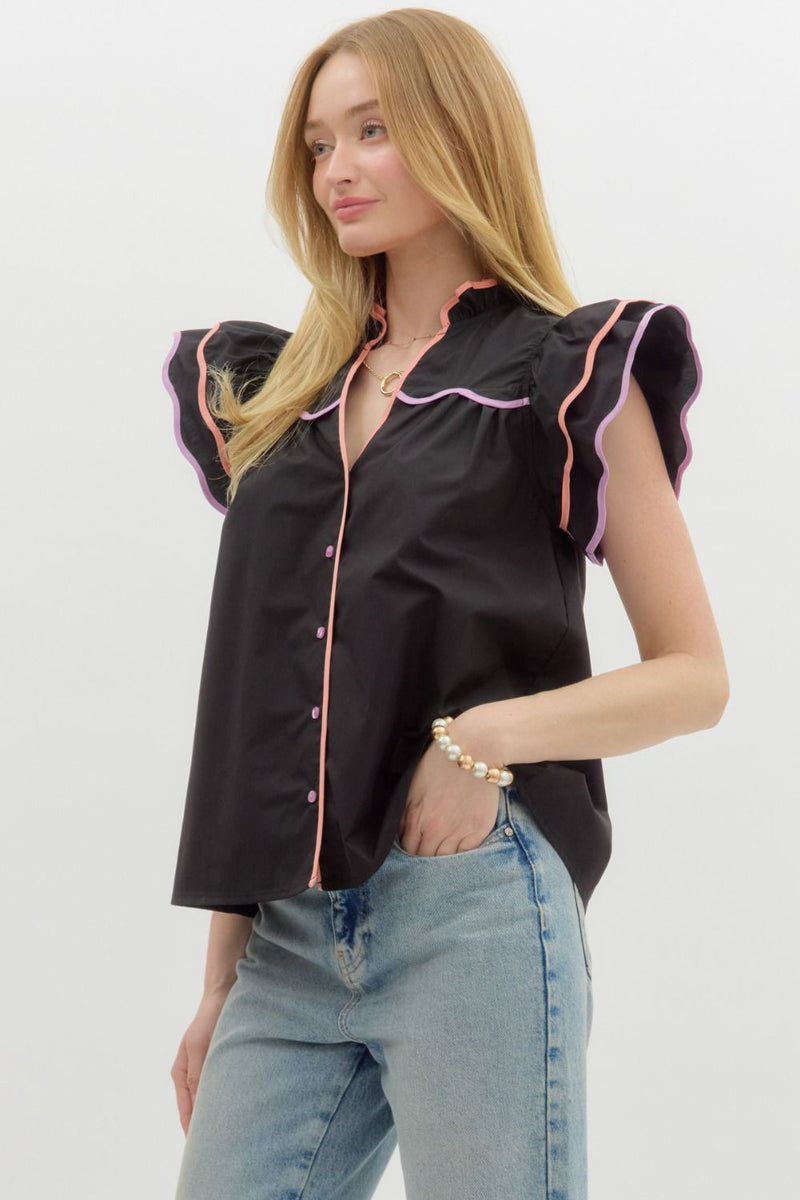 Tiered Flutter Sleeve Top Black