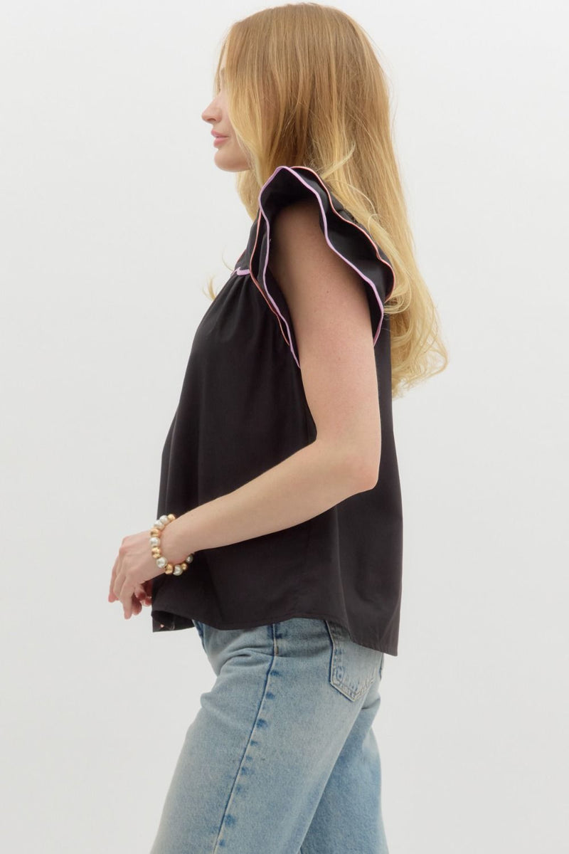 Tiered Flutter Sleeve Top Black