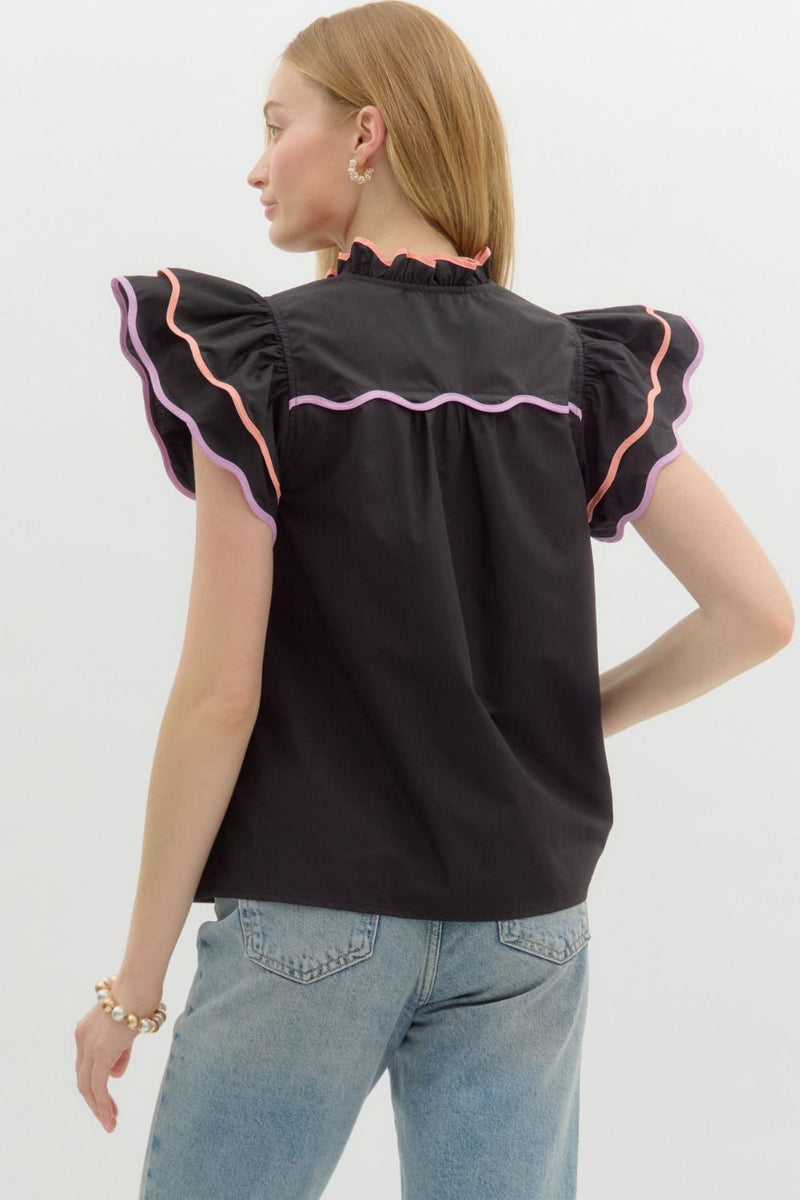 Tiered Flutter Sleeve Top Black