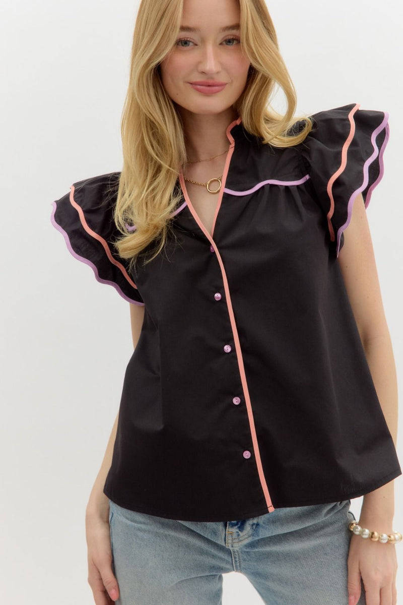 Tiered Flutter Sleeve Top Black
