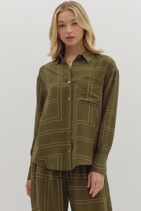 Abstract Pattern Collar Button Top Olive