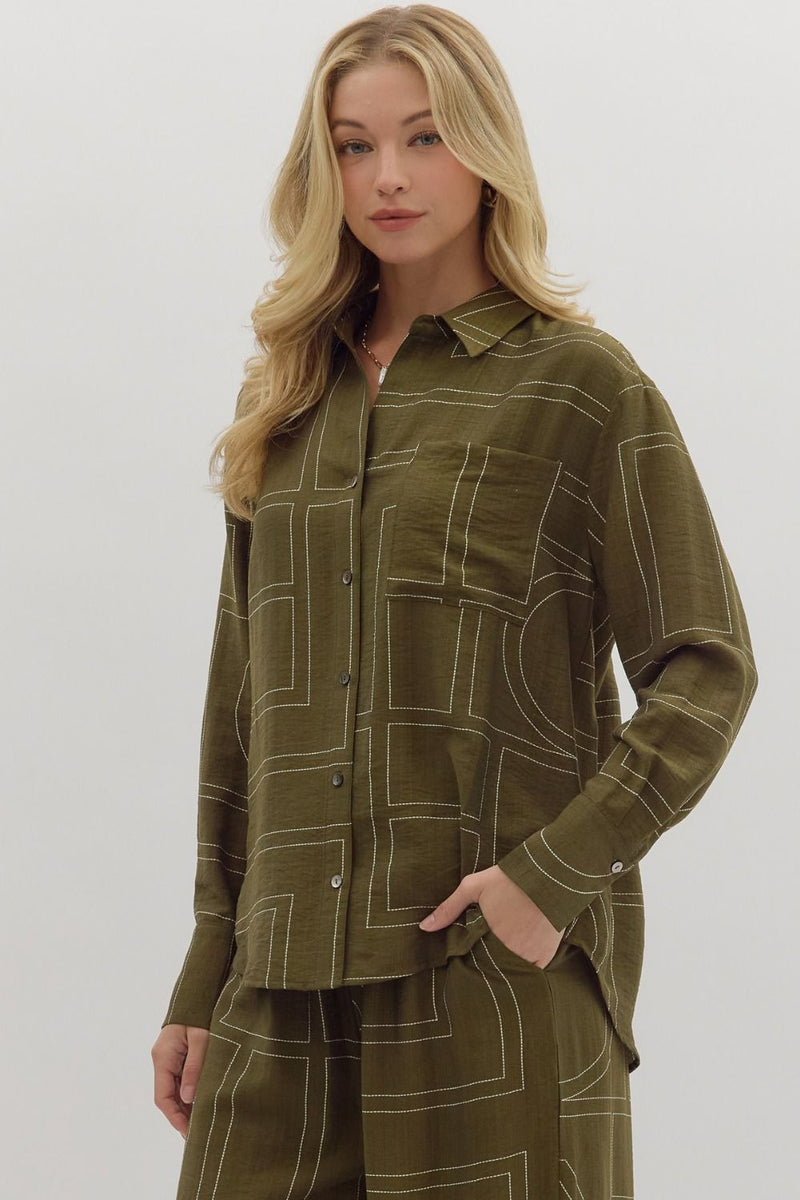 Abstract Pattern Collar Button Top Olive